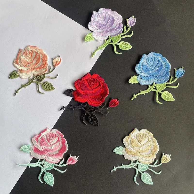 6 Stück/Stoff-Blumen-Applikationen, thermoklebende Kleideraufkleber, Rosen-Stickerei-Aufnäher zum Aufbügeln, Dekoration für Kleidung, Jeans – Detail 2