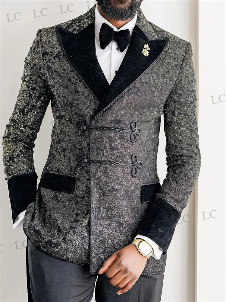 

Floral Jacquard Deep Gray Wedding Groom Men Suits 2 Piece Blazer Pants Chinese Knot Tuxedo Formal Work Prom Plus Size Tailored