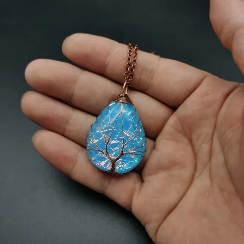 Vintage Handmade Copper Necklace Water Drop Life Tree Color-changing Pendant Ripple Resin Necklace