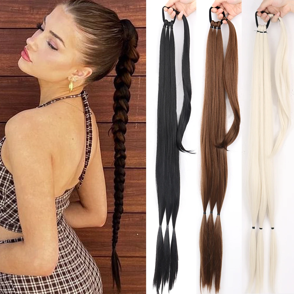 Synthetic 34inches Ponytail Hair Extensions DIY Braided Ponytail With Rubber Band Hair Ring For Women Hairpiece Braided Braids