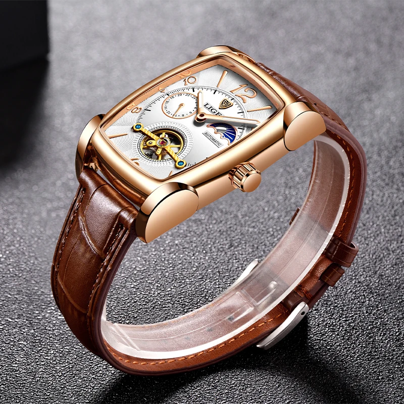 LIGE Men Watch Luxury Wristwatch Square Automatic Watches for Men Fashion Genuine Leather Waterproof Tourbillon Mechanical Watch