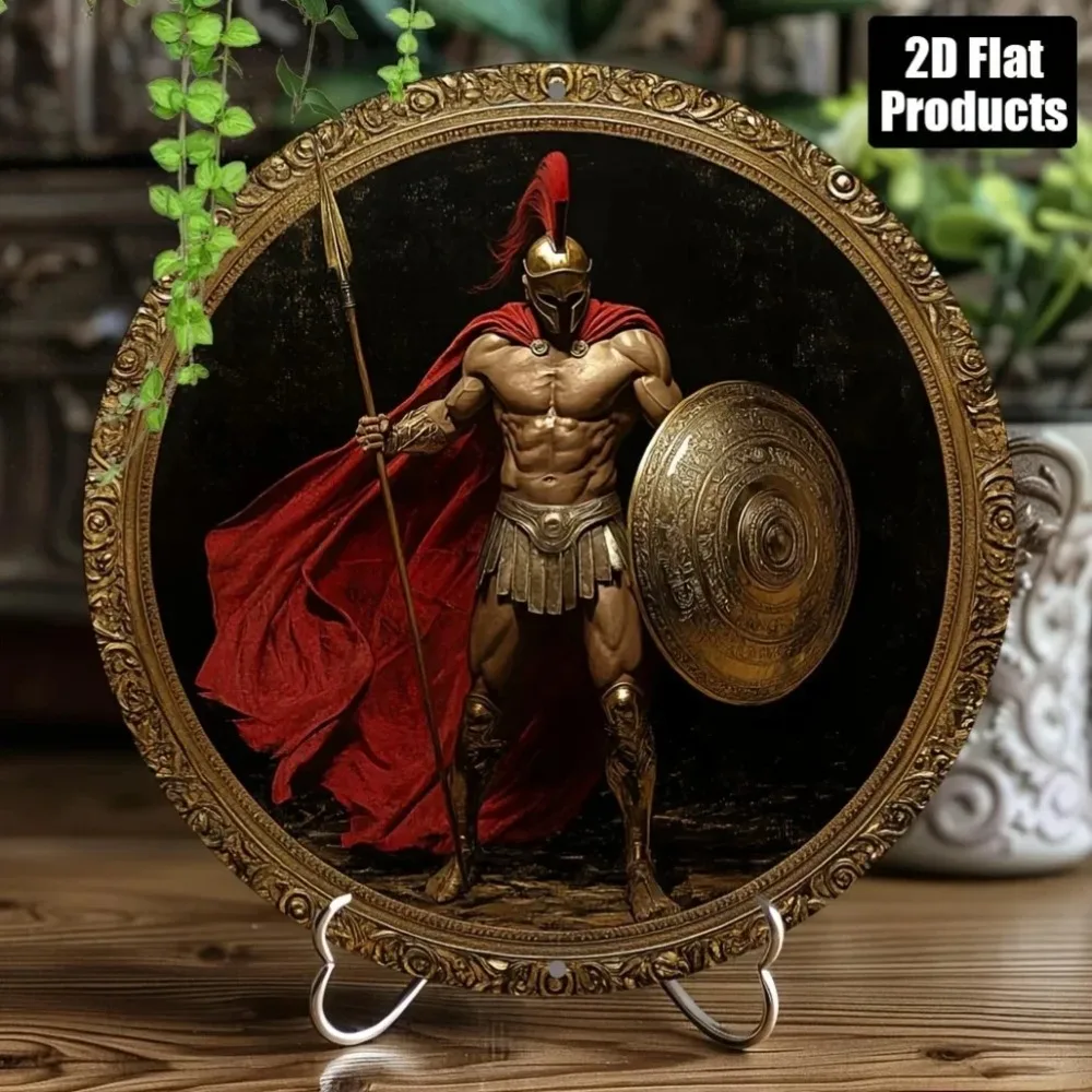 Spartan Warrior Metal Wall Art - Round Tinplate Red-Caped Shield Decor Classic Detailed Armor