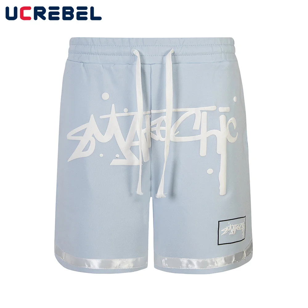 

Letter Print Spliced Sweat Shorts Mens High Street Elastic Waist Loose Wide Leg Casual Sports Short Pants Men