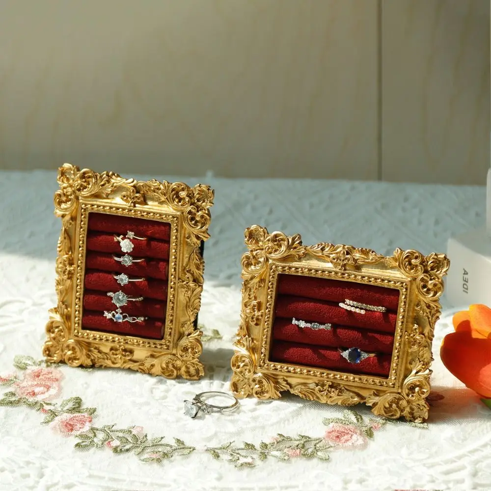 Vintage Gold Ring Display Stand Velvet Organizer Baroque Design Suede Earring Tray Photo Frame Exquisite Jewelry Display Rack
