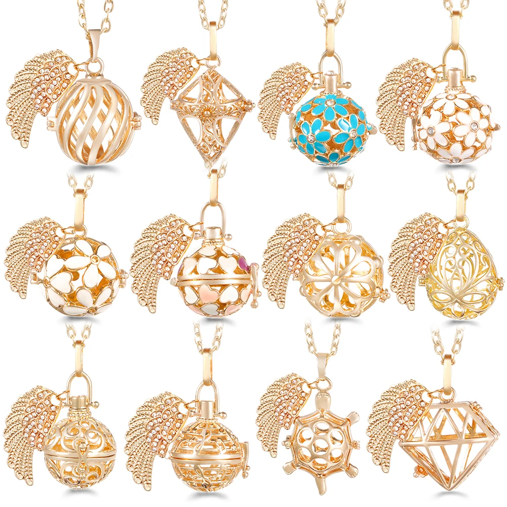 Mexico Chime Caller Golden Angel Wings Aromatherapy Diffuser Painted Flowers Women Bola Necklace Perfume Lockets Pendant Jewelry