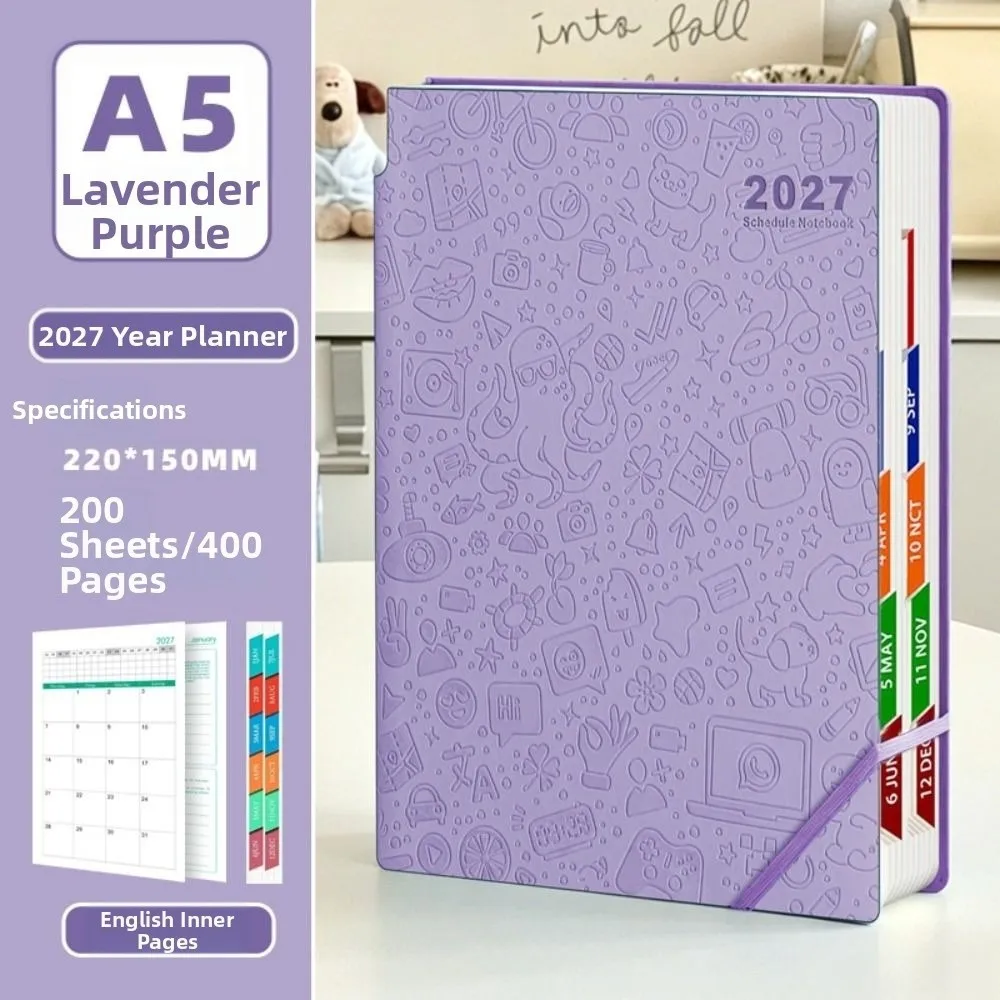 Embossed Cover 2027 English Planner Notebook Elastic Band Monthly Index Monthly Planner Lined Pages Pen Holder Diary Notebook
