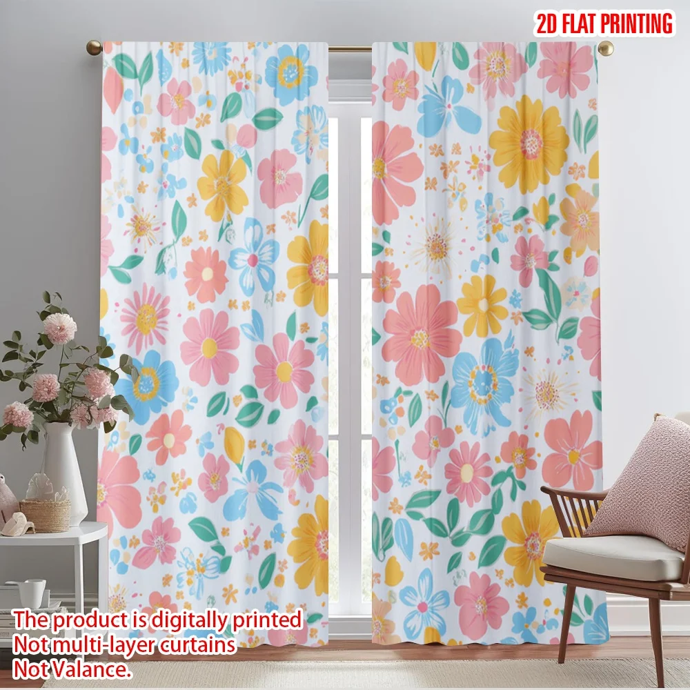 2pcs,2D plane printing Window Curtain Floral Wonderland Polyester Fabric (without rod) Versatile All for Living Room, Bedroom,