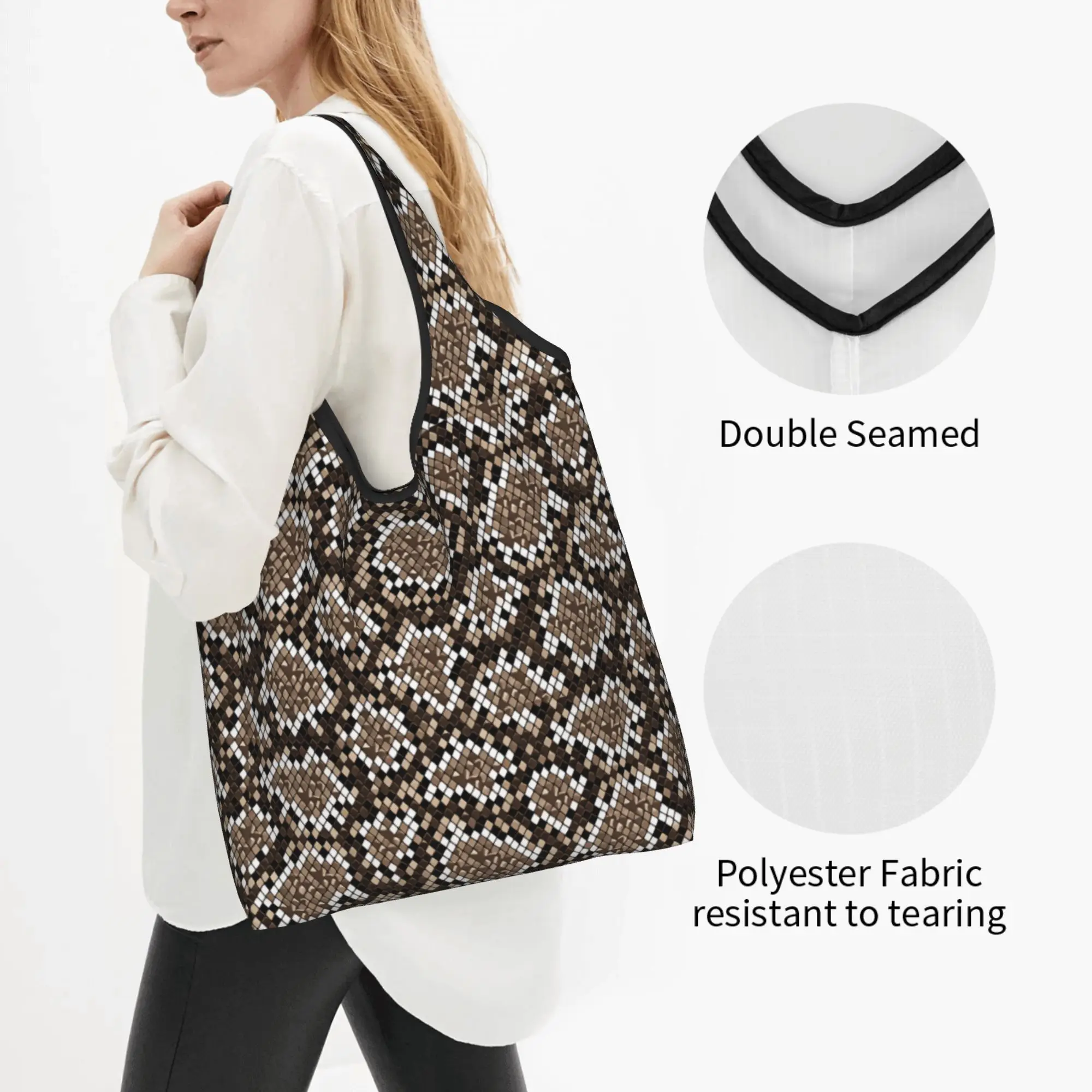 Cute Printed Snake Skin Large Reptile  Shopping Tote Bag Portable Shopper Shoulder Brown White  Handbag