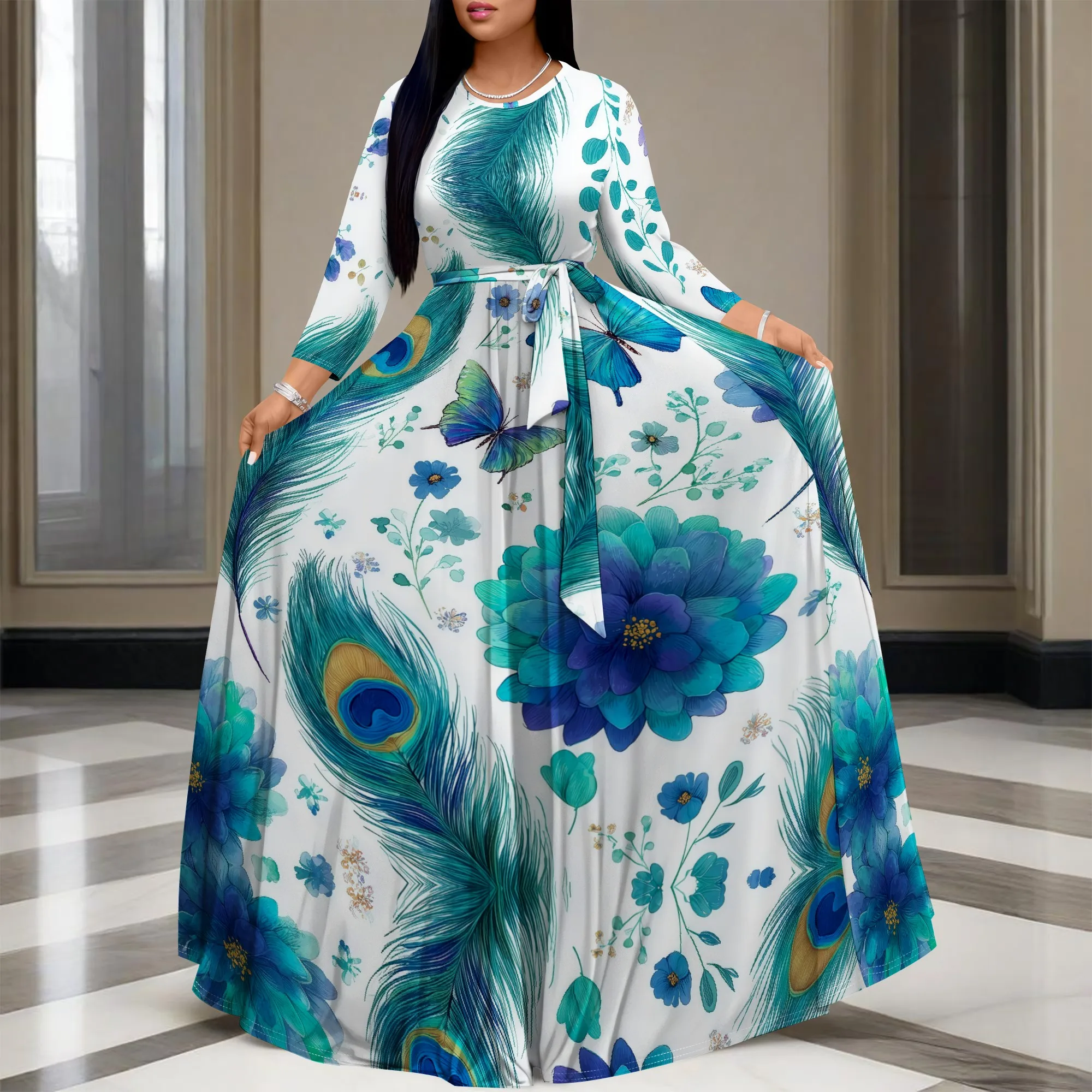 

Women's Elegant Peacock Feather Print Maxi Dress O-Neck Long Sleeve High Waist A-Line Party Dress for Cocktail Evening XS-3XL