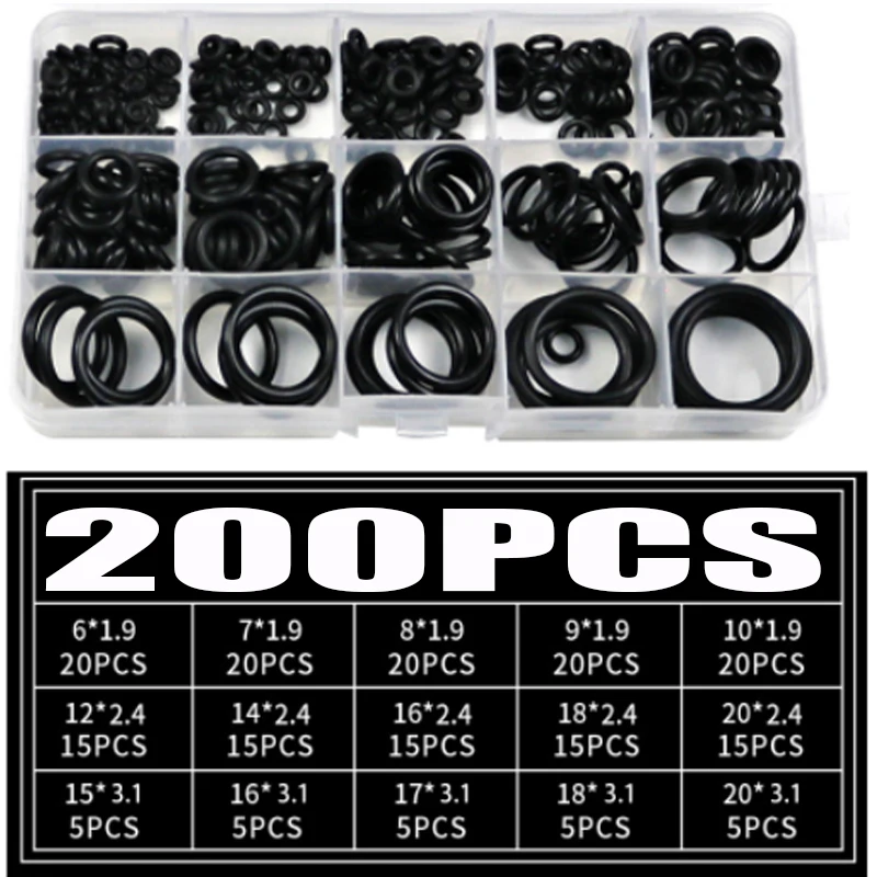 200Pcs O-ring Rubber Gaskets Seal Ring Set Nitrile Rubber High Pressure O-Rings Sealing Elastic Band O Rubber Rings Set