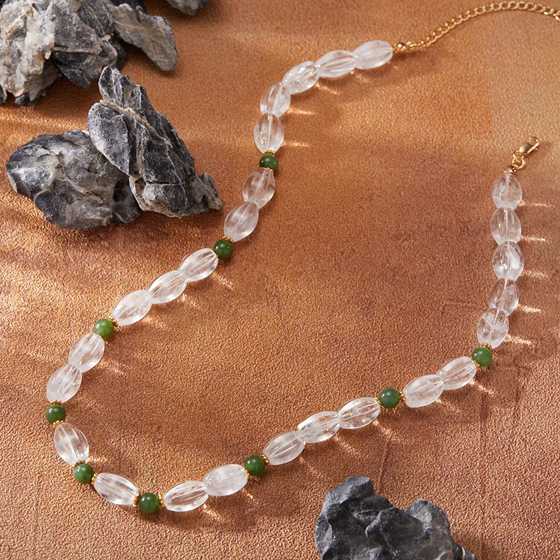 

Natural Hetian Jade White Crystal Necklace Women's Sets925Pure Silver Beaded Collarbone Chain Wholesale