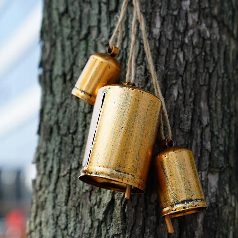 Rustic Christmas Decor: Large Cow Bells for Decoration - Vintage Gold Bells on Rope (Set of 3)