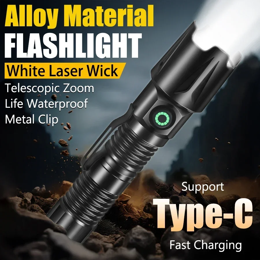 Tactical Flashlight Rechargeable Zoomable XHP50 LED IPX6 Waterproof 5 Modes Type-C Aluminum Alloy Portable for Outdoor Camping