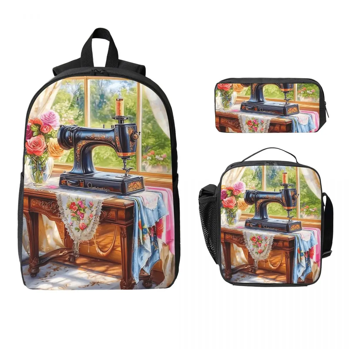 Vintage Sewing Machine Sewing Time Backpack Student BookBag School Bag Laptop Shoulder Bags 3ps Insulated Lunch Bag Pencil Case