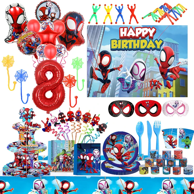 New Spidey And His Amazing Friends Birthday Party Decoration Aluminum Foil Balloon Disposable Tableware Backdrop Spiderman Theme