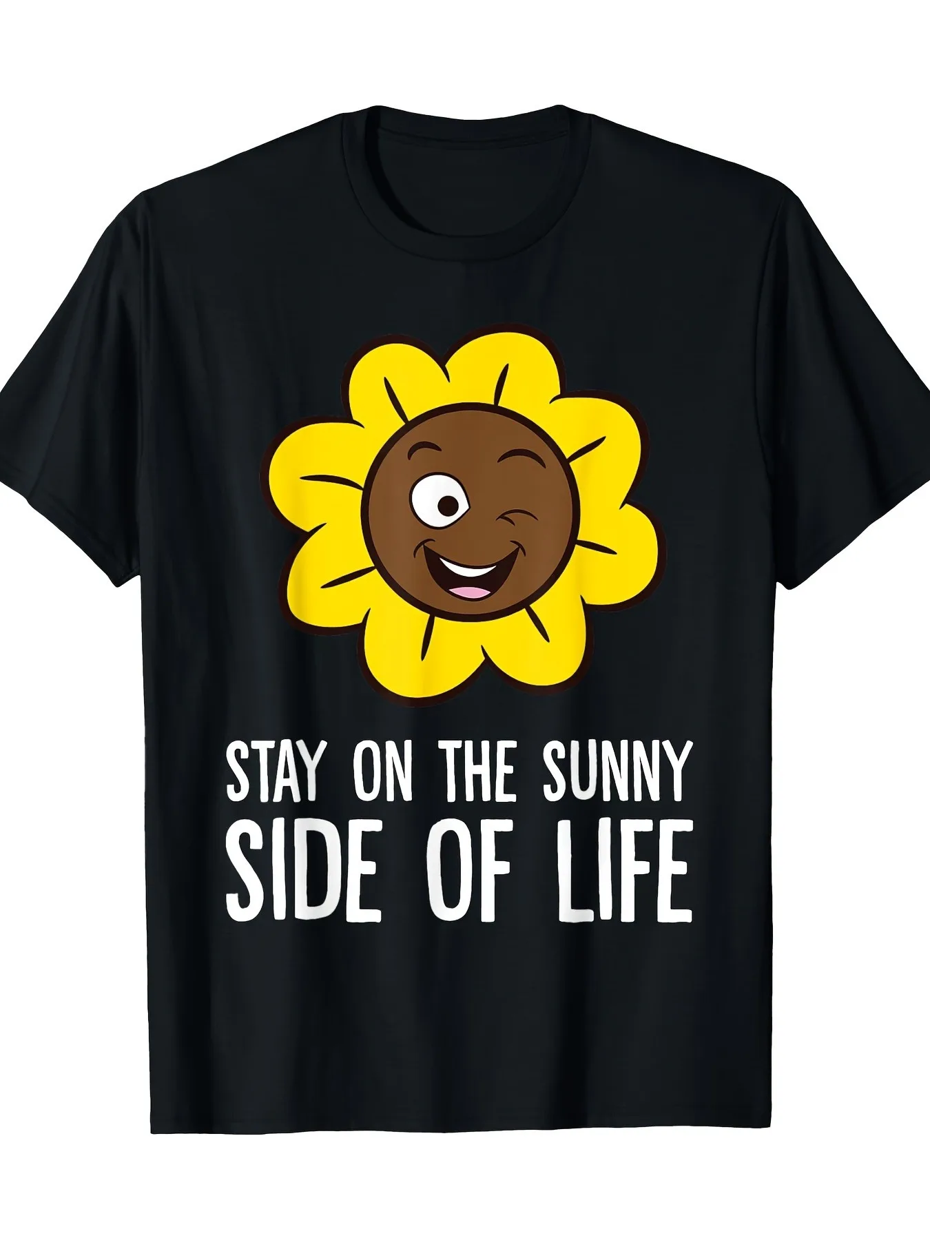 2026 Men's Stay in the Sunshine Side of Life Cute Sunflower Graphic T-Shirt - Black Short Sleeve Round Neck Casual Tee with Yell