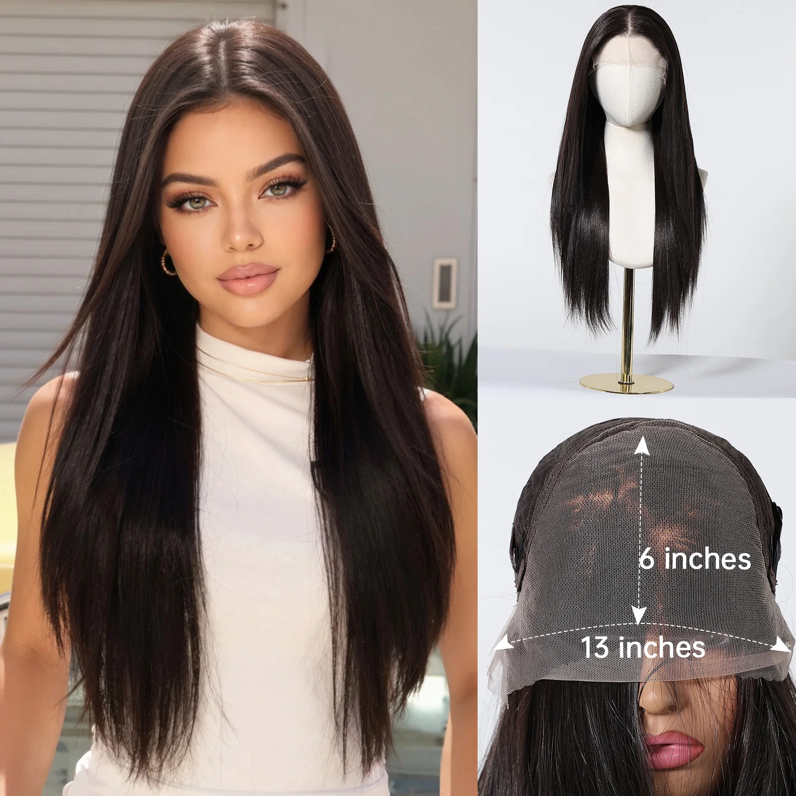 HAIRCUBE 13x6 Lace Front Wig Long Straight Dark Brown Synthetic Wig Middle Part Heat Resistant Daily Wear Cosplay Halloween