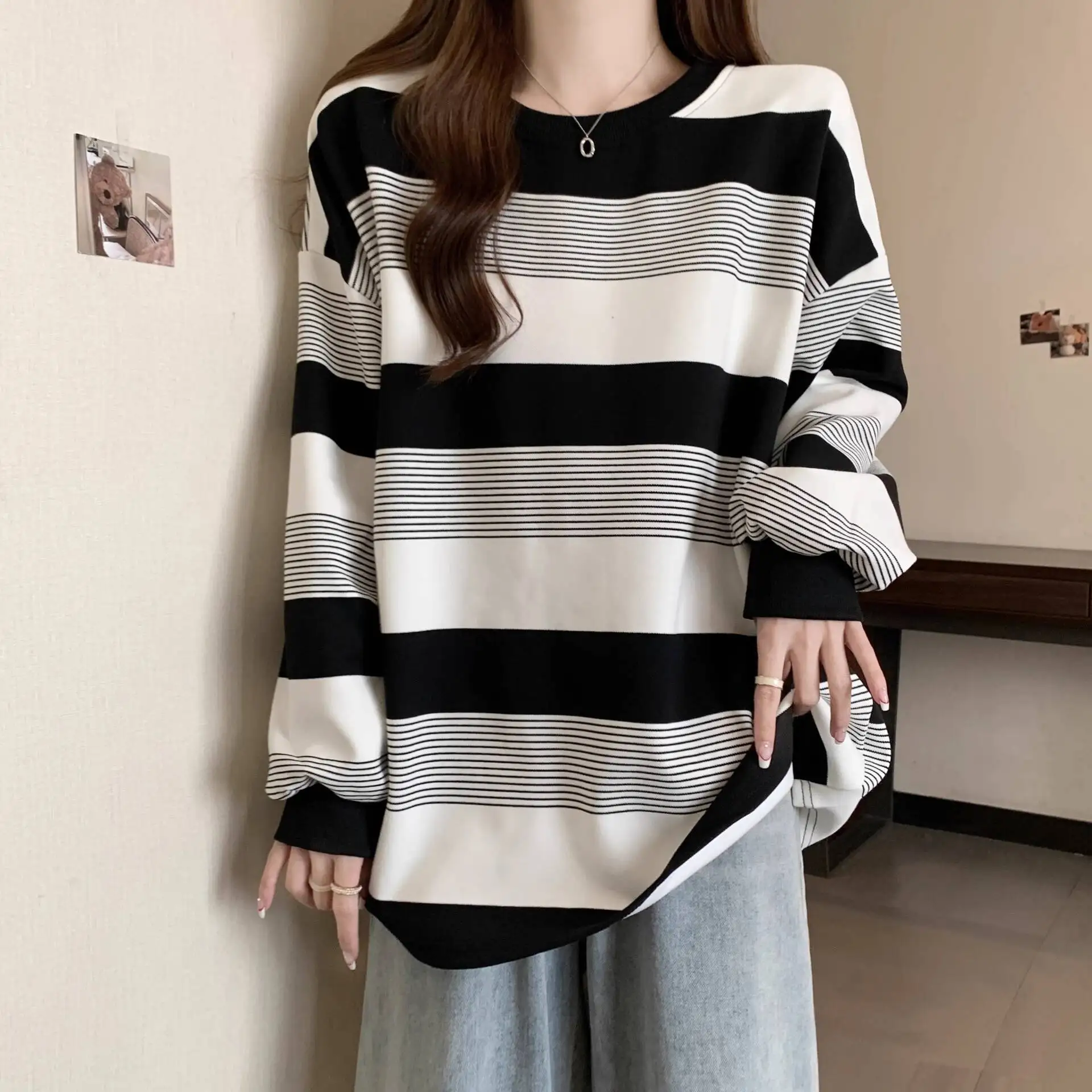 Women's Long Sleeve T-shirt Retro Oversized Striped Sweatshirt Spring Autumn Thin Loose BF Lazy Style Niche Long Sleeve Top