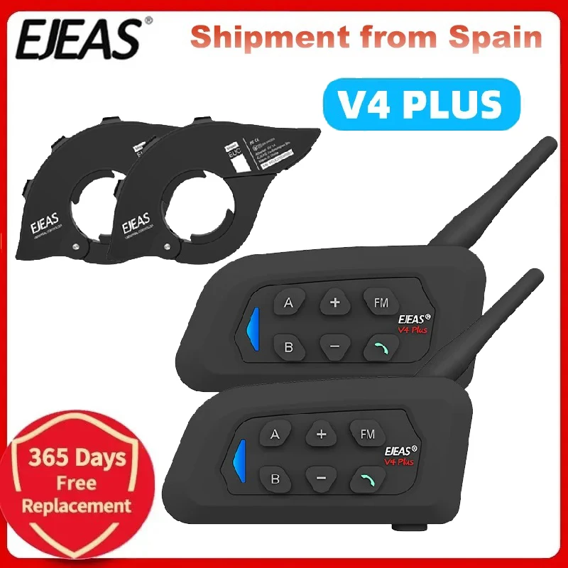 EJEAS V4 Plus Motorcycle Helmet Intercom 4-Person Intercom Distance 1500 Meters Bluetooth 5.1 Waterproof IP65