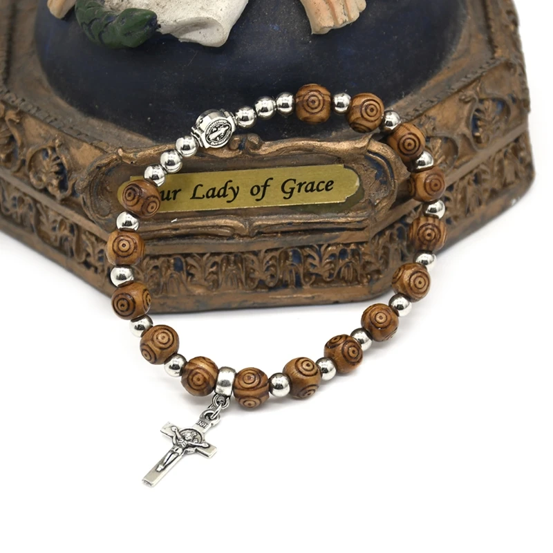 8mm Wood Beads Rosary Bracelet Vintage Jesus Christ Crucifix for Cross Wristband Chain Bracelets Men Unisex Jewelry Charm Gift