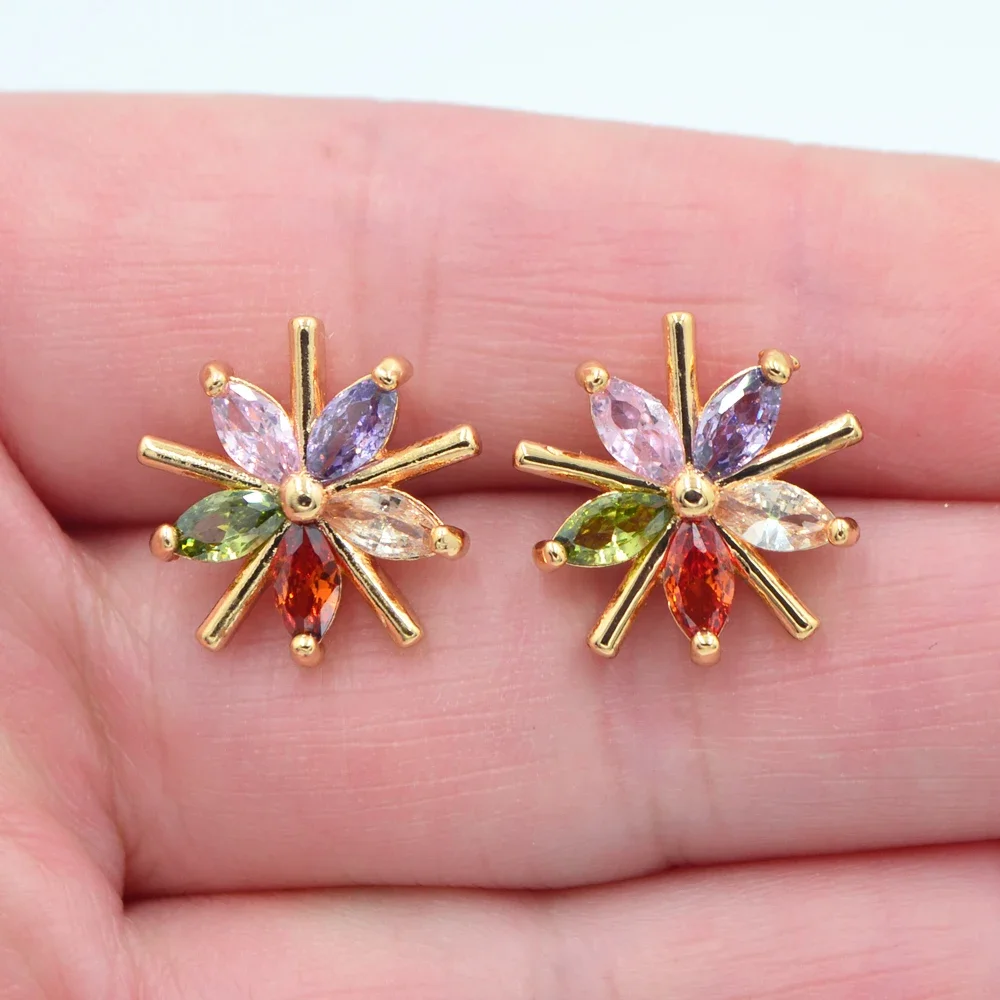 Fashion Gold Color Rainbow Zircon CZ Flower Stud Earrings for Women