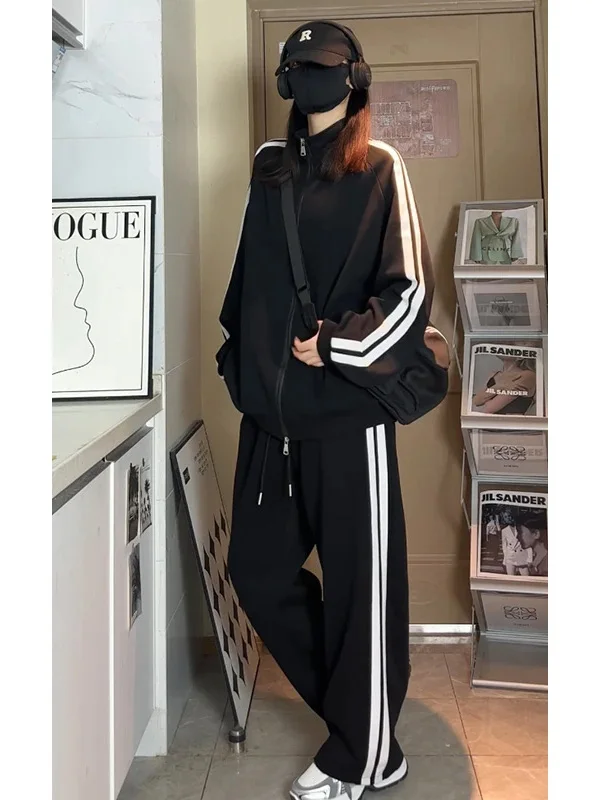 

Мужской спортивный костюм Harajuku: полосатый кардиган с капюшоном, прямые брюки, классический воротник, комплект из двух предметов, повседневный образ