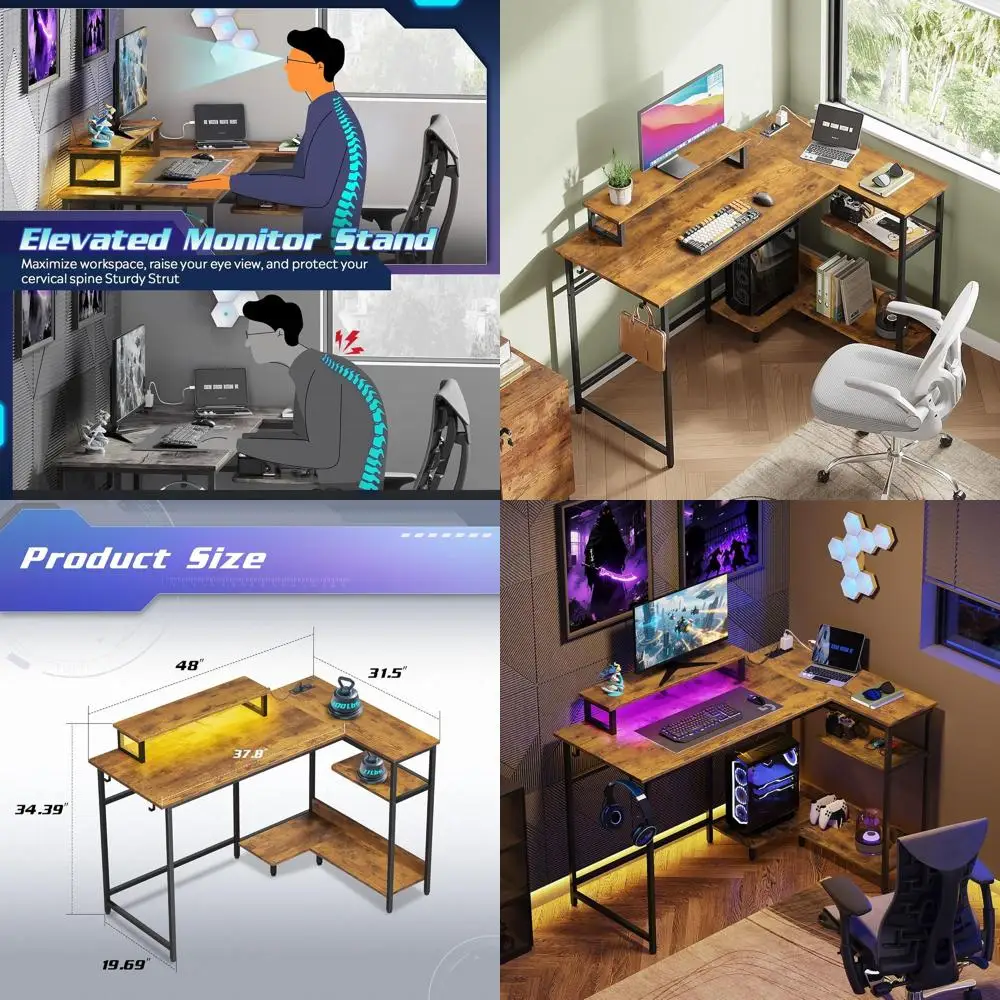 

47 L-Shaped Gaming Desk with LED & Power Outlets, Compact, Sturdy, Storage, Rustic Brown