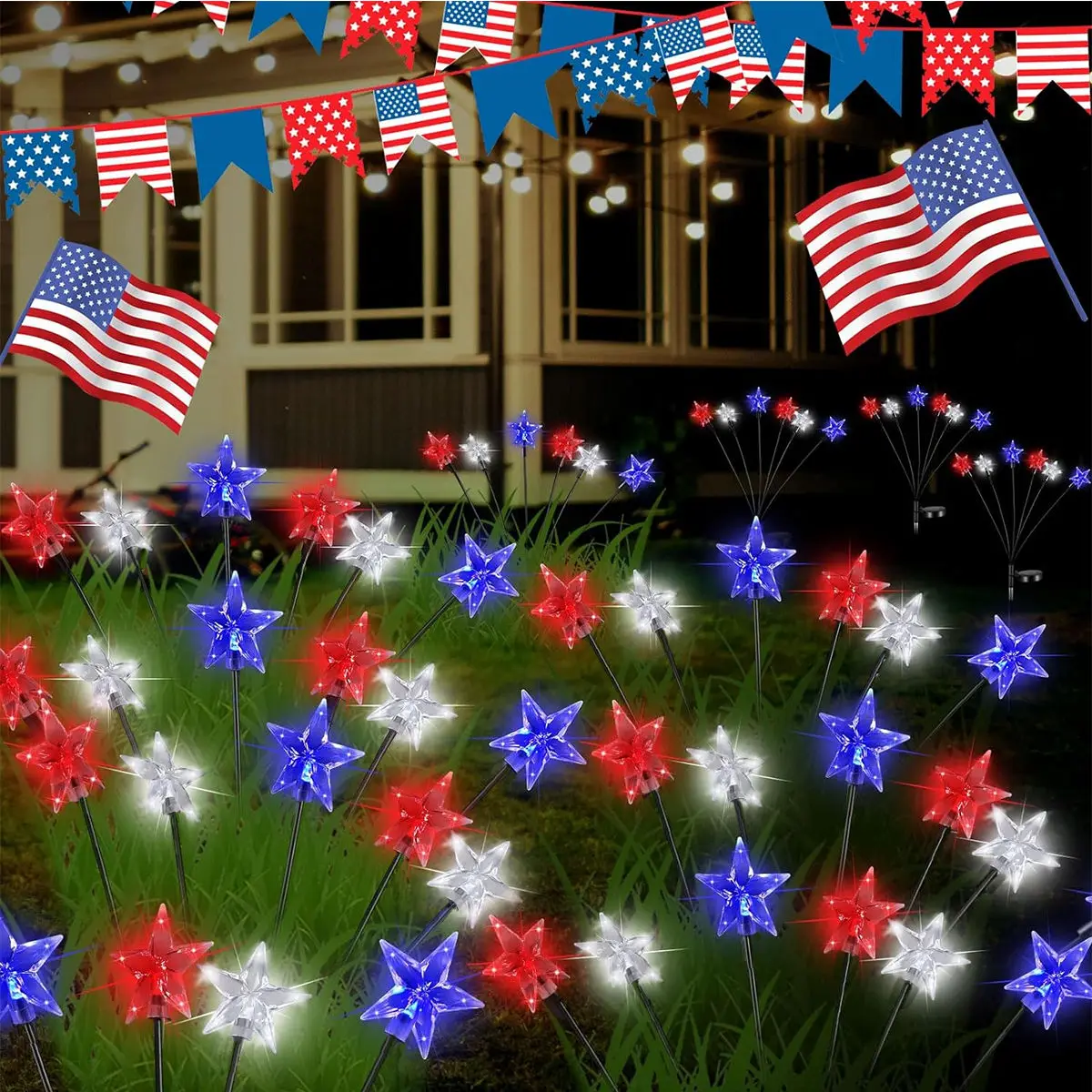 1/2pcs Solar Red White And Blue Star Stake Lights 4th Of July Outdoor Decorative Light Waterproof Swing Atmosphere Lamp