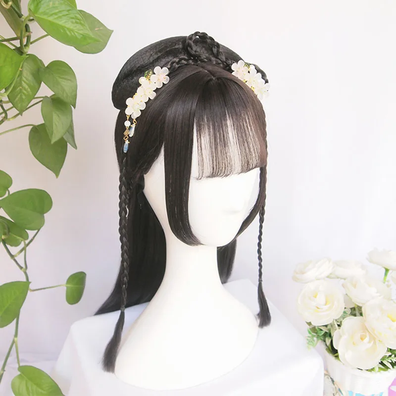 Vintage Wig Chinese Ancient Style Wig Ornament Hanfu Hair Braids of Hair Air Bangs Chinese Qin Han Dynasty Traditional Hairstyle