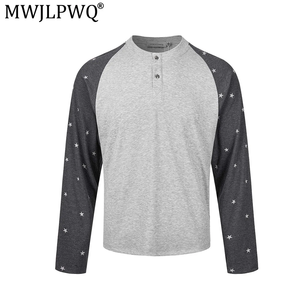 MWJLPWQ American Retro Long-Sleeve Button Design Men's T-Shirt Raglan Sleeves Vintage Couple Crew Neck Base Casual Tops  17613