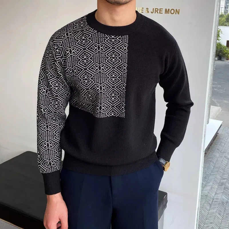 Autumn Winter New Fashion Round Neck Long Sleeve Pullovers Patchwork Color Blocking Men\'s Clothing Korean Loose Knitting Tops