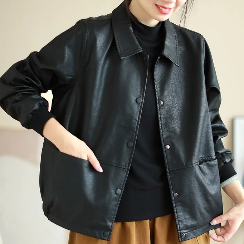 Jaet – manteau de Baseball en cuir PU pour femme, grande taille, décontracté, revers, coréen, Patchwork, moto, automne hiver