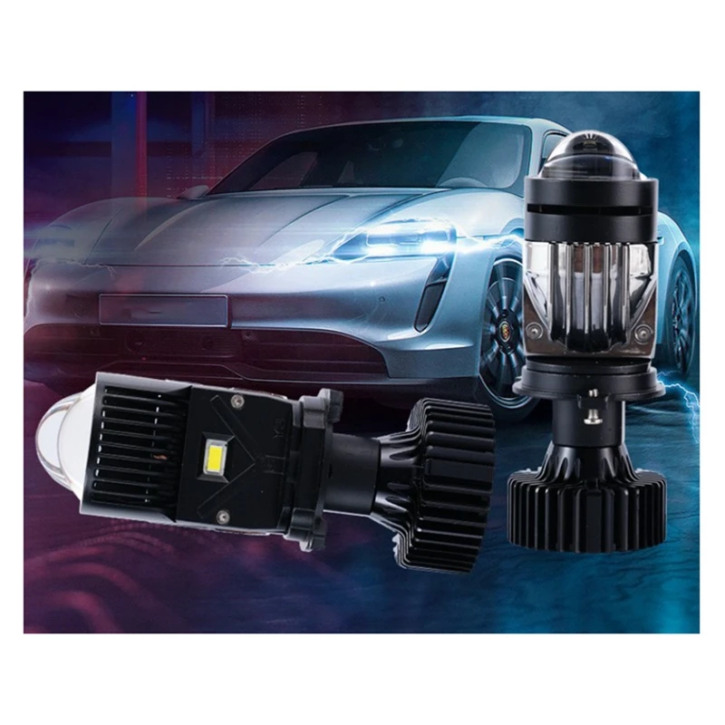 ABBN-H4 LED Projector Headlight Bulb Dual LED Lens Mini Projector Laser Y3 Tri-Color High/Low Beam 55W Turbo Fan