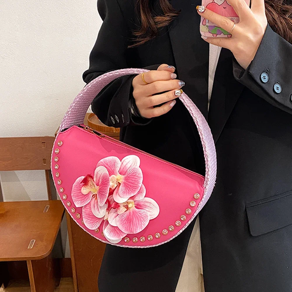 

Luxury Appliques Women Handbag Half Moon Diamond Evening Bags for Women High Quality Flower Shoulder Bag Wedding Party Clutch