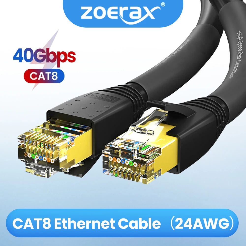 ZoeRax-Cable Ethernet CAT8 24AWG 40Gbps 2000Mhz, alta velocidad, Gigabit SFTP, Cables de Internet de red Lan para exteriores e interiores