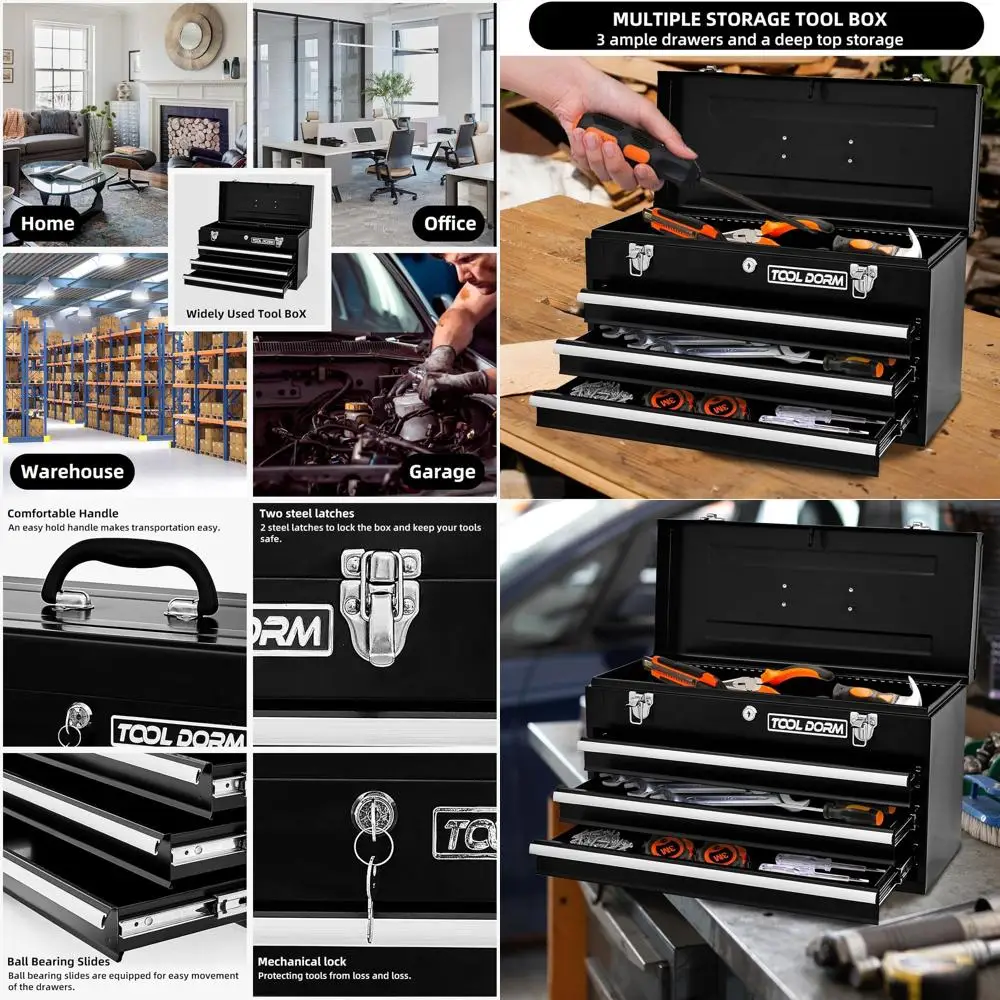 

Portable Steel Tool Chest with Drawers, Metal Cylinder Lock, and Latch Closure for Garage, Warehouse, and Outdoor Repairs (Black