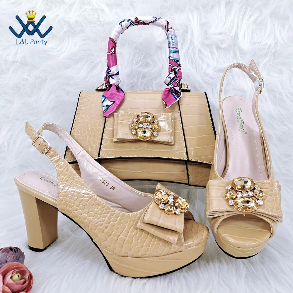 

African Design Italian Style Shoes and Bag Set in Khaki Color 2024 INS New Arrivals High Quality Pu Leather with Platform