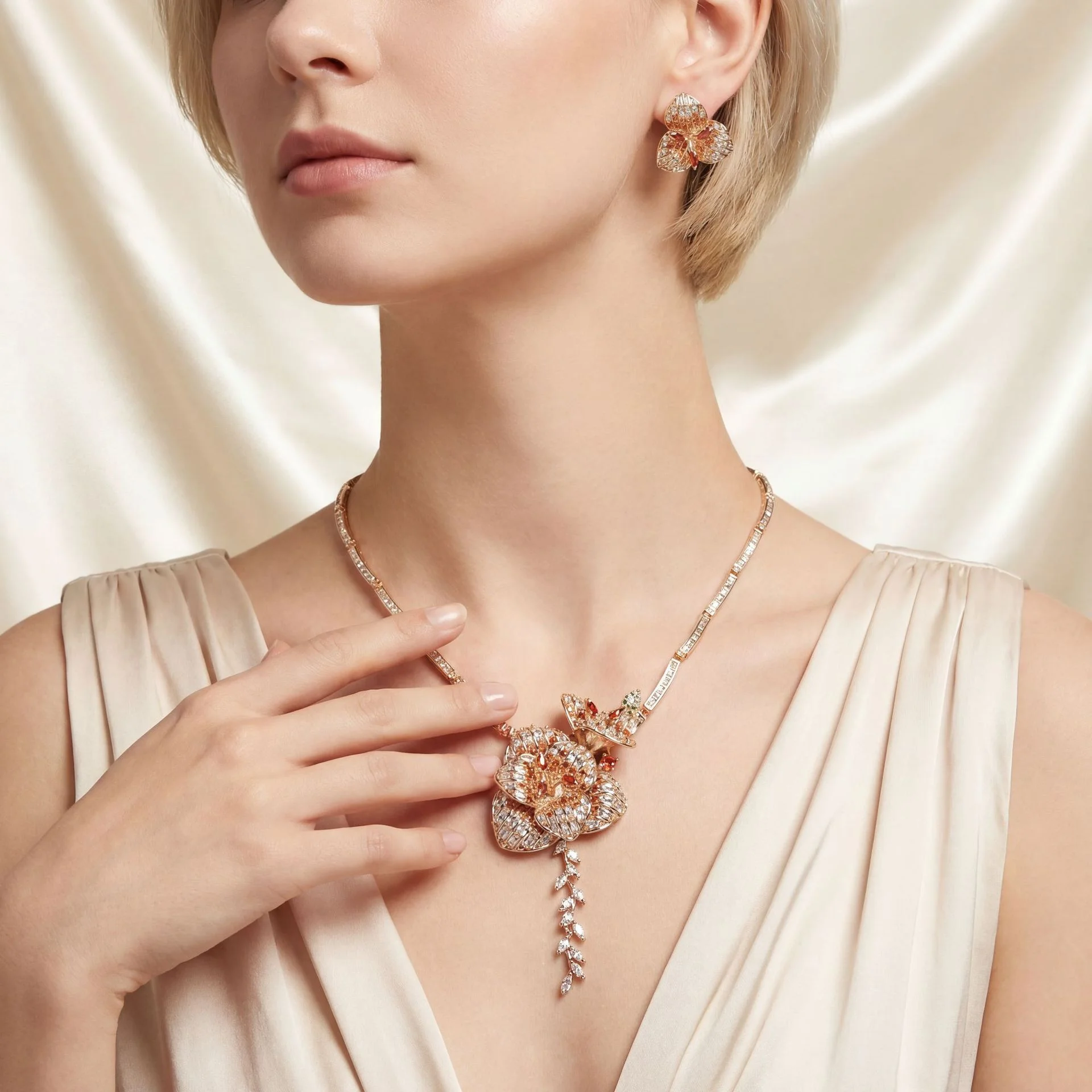 

Rose Zircon Jewelry Set, Diamond Inlaid Petal Necklace & Earrings, Chic Bridal Accessories for Women