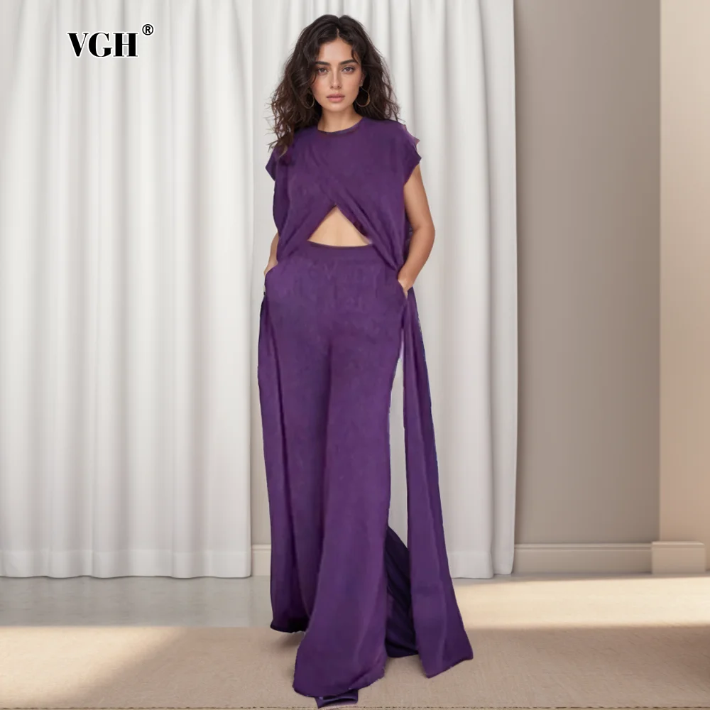 

VGH Temperament Knitting Two Piece Sets For Women Round Neck Sleeveless Sweater High Waist Wide Leg Pants Casual Set Female New