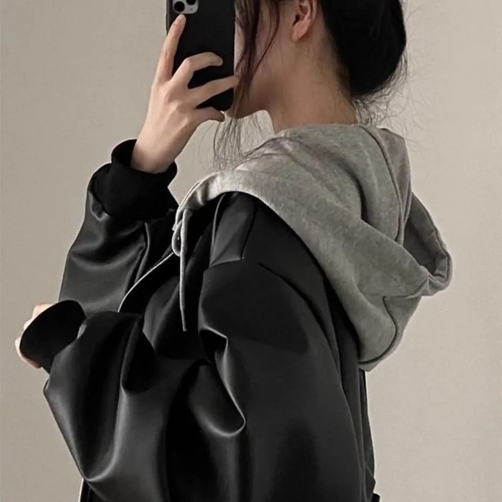 Stylish Short Biker Jacket Women's Hooded Leather Coat Spring Autumn New Korean Loose Versatile Fashionable Outerwear