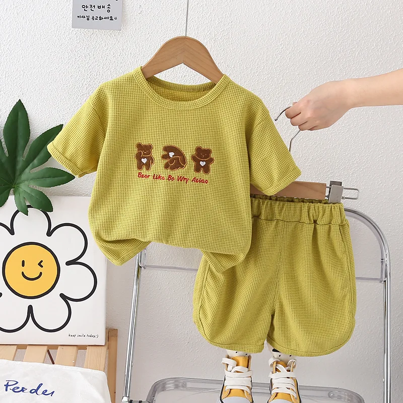 Children's Clothing 0-5 Years Baby Boy and Girl Casual Cute Cartoon Waffle T-shirts and Shorts 2 Piece Outfit Set Kids Clothes