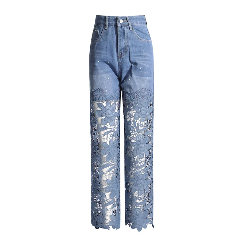 ZAMOR HIGH END Fashion High Waist Straight Leg Jeans Women Unique Lace Splicing Design Office Commute Pants 2026