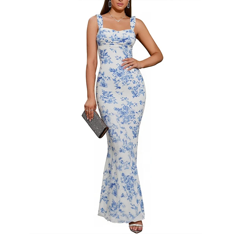 

Women's Dresses Elegant Floral Print Spaghetti Strap Backless Sexy Maxi Dress Women Patchwork Slim Fit High Waist Party Dress