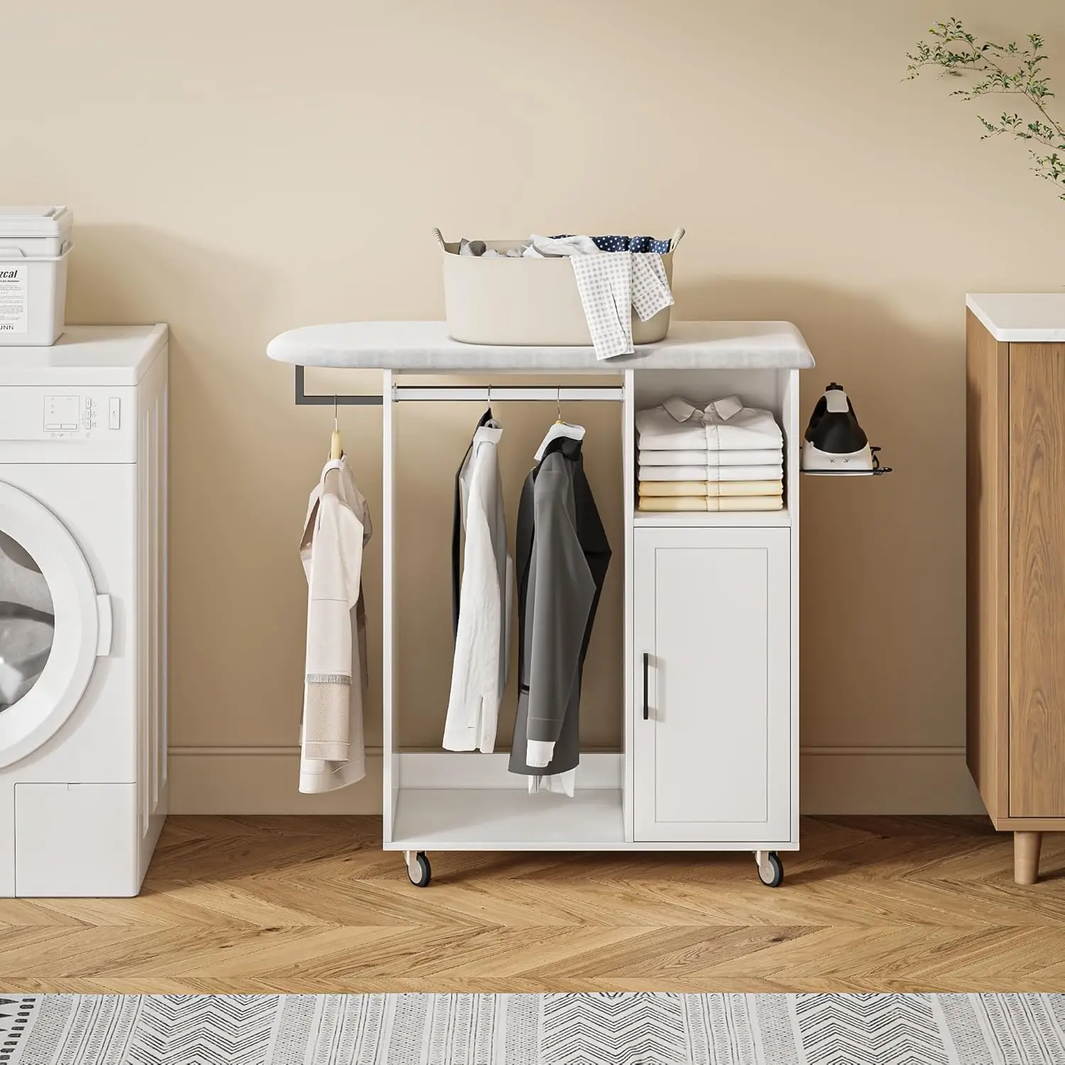

Wooden Ironing Board With Storage Cabinet Wheels Heat Resistant Sponge Ironing Table