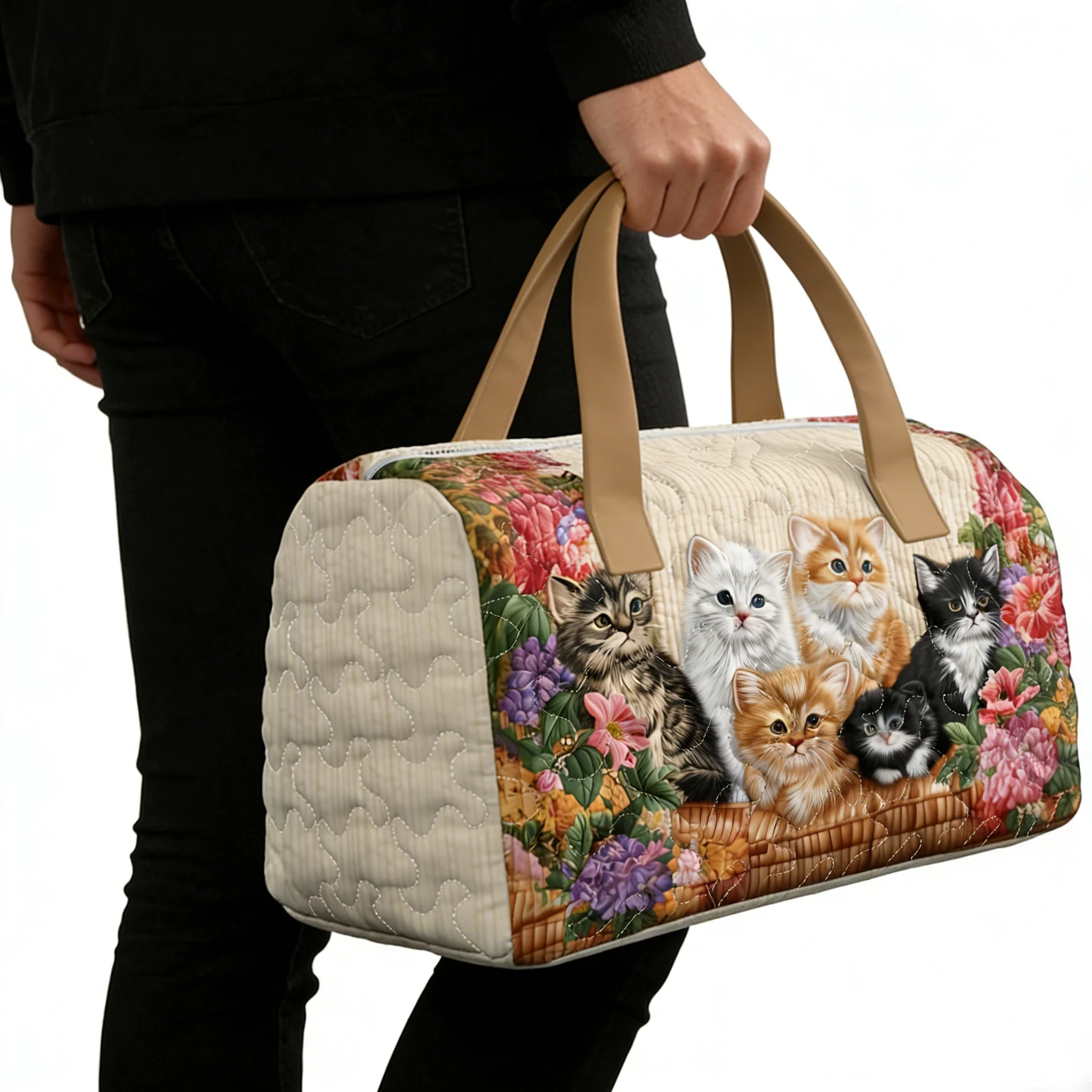 

Cute Kittens Floral Quilted Duffel Bag Large Capacity Travel Tote Unisex Stylish Weekend Overnight Handbag