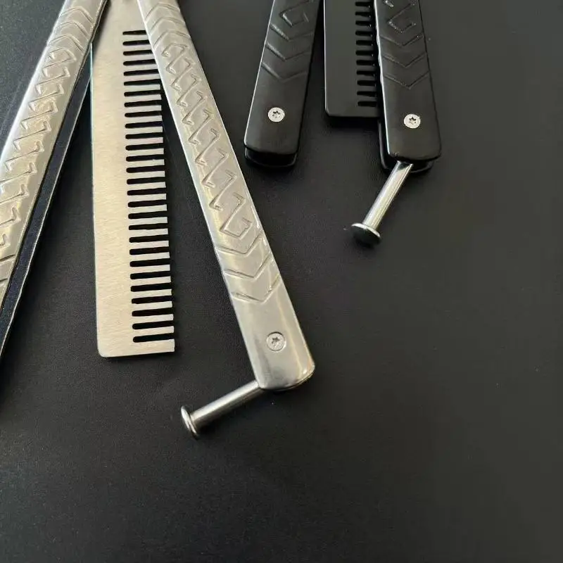 1 Stück Edelstahl Übungs-Schmetterlingsmesser-Kamm Bart- und Schnurrbartbürste Friseursalon-Styling-Werkzeug Faltbarer Kamm – Detail 9