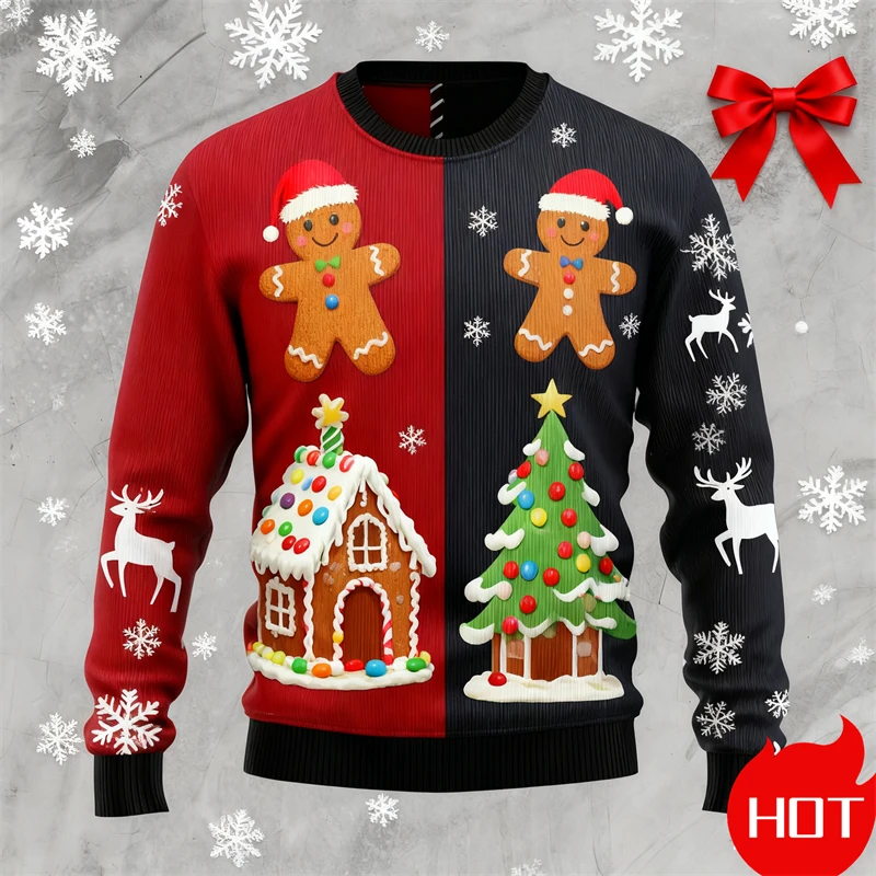 Autumn New Gingerbread Man Print Christmas Sweater Funny Women Ugly Christmas Sweater Gift Tops Couple Crewneck Sweatshirt Tops