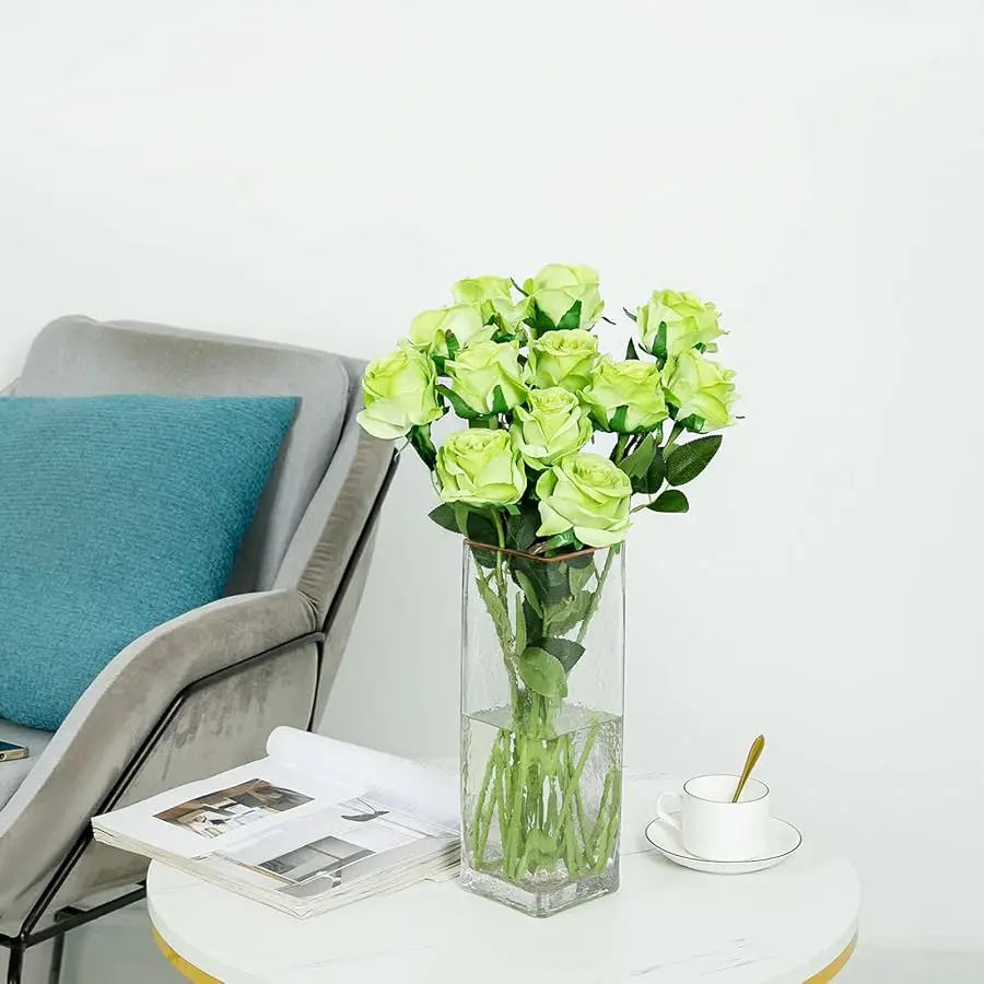 12PCS Artificial Silk Flowers Realistic Roses Bouquet Long Stem for Home Wedding Decoration Party (Green)