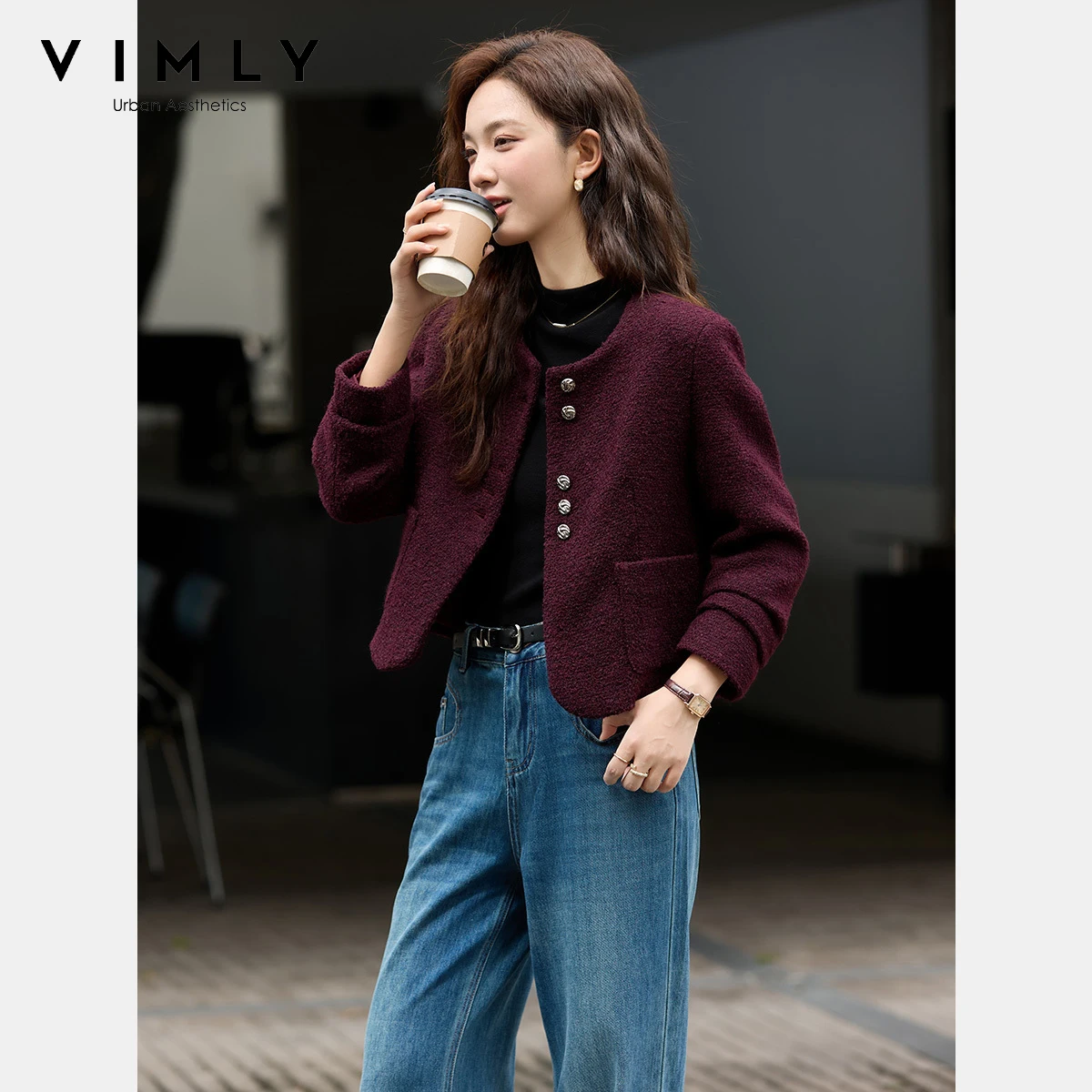 VIMLY Women's Purple Tweed Woolen Coats Round Neck Small Fragrance Full Sleeve Short Jacket Office Wear Button Woman Tops A2638