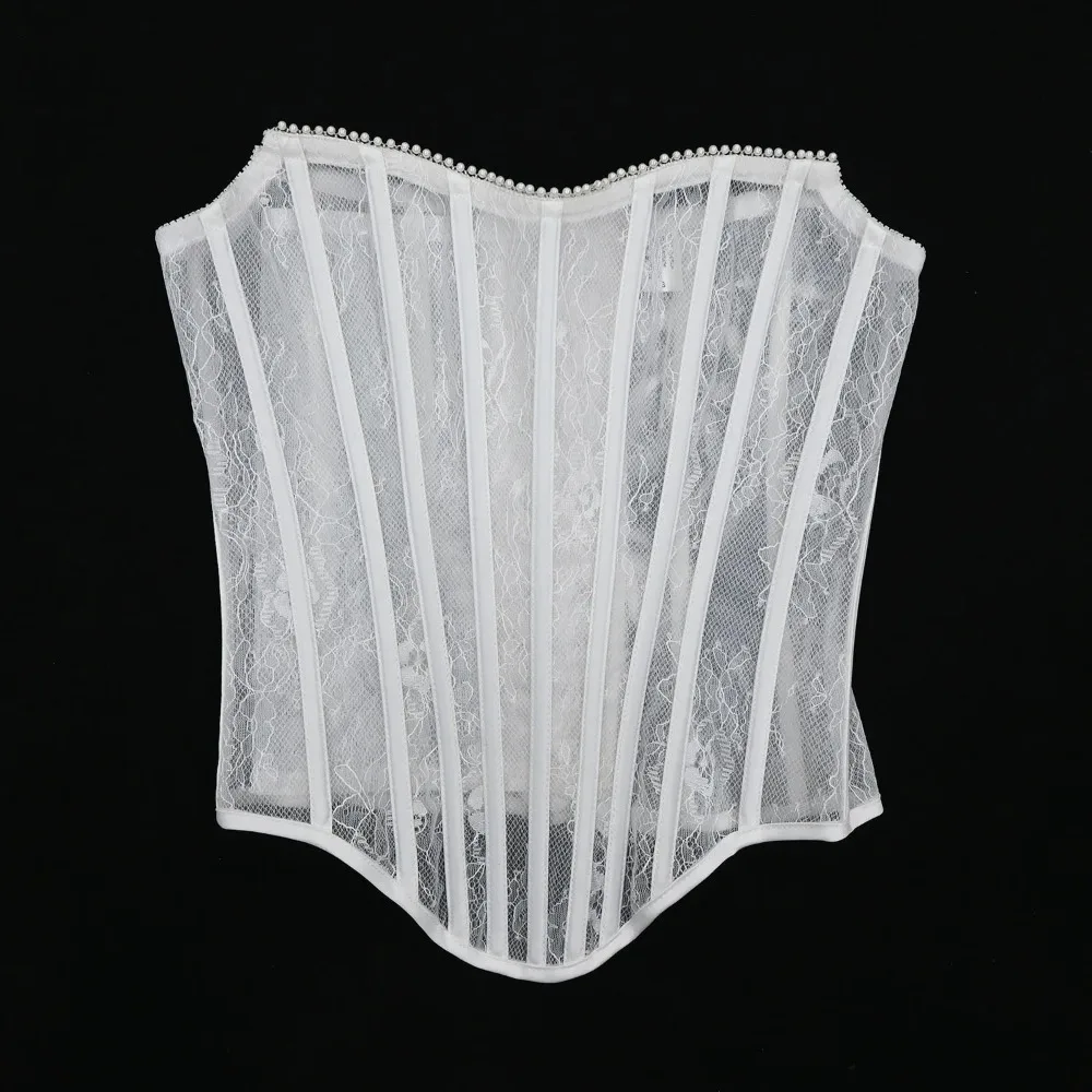 Women Overbust Corset Tops Transparent Mesh Bodices Lace Up Boned Waist Trainer Shaping Strapless Sexy Bustier view 4